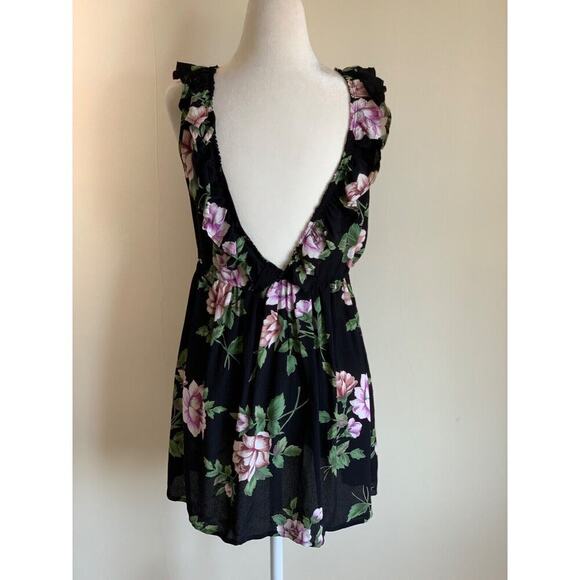Blue Life Floral Ruffled Mini Dress Black Deep V Low Back XS Black Whimsigoth - Picture 4 of 8